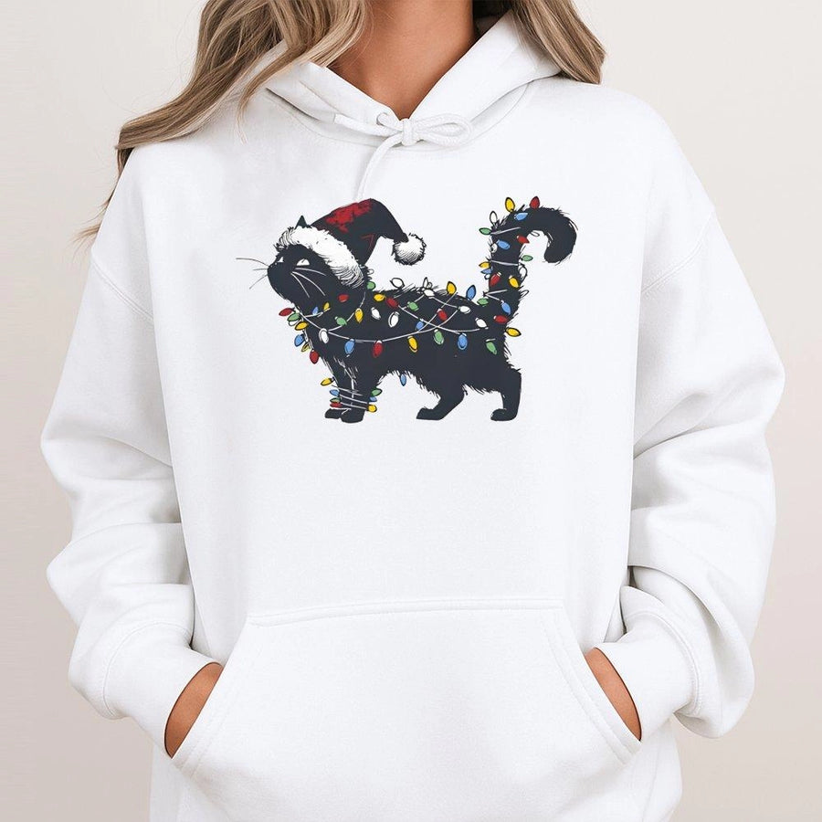 Christmas Cat Hoodie | Black Kitten Tangled In Colorful Holiday Lights | Premium Cotton Blend | Funny Festive Sweatshirt Gift For Cat Lovers