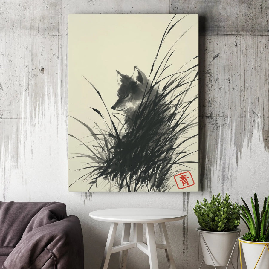 Japanese Fox Canvas Wall Art | Sumi-E Ink Wash Painting | Premium Gallery Wrap Decor | Minimalist Zen Living Room Gift