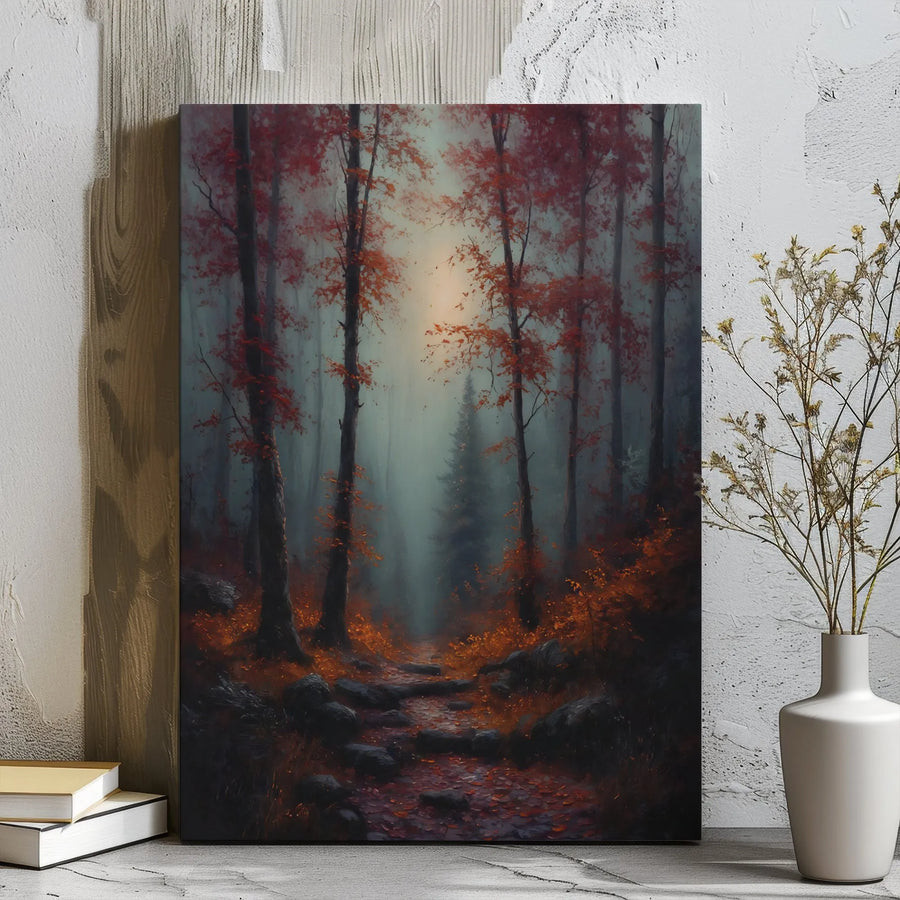 Misty Autumn Forest Canvas Wall Art | Moody Red Tree Landscape Print | Premium 1.25" Gallery Wrap | Nature-Inspired Home Decor Gift