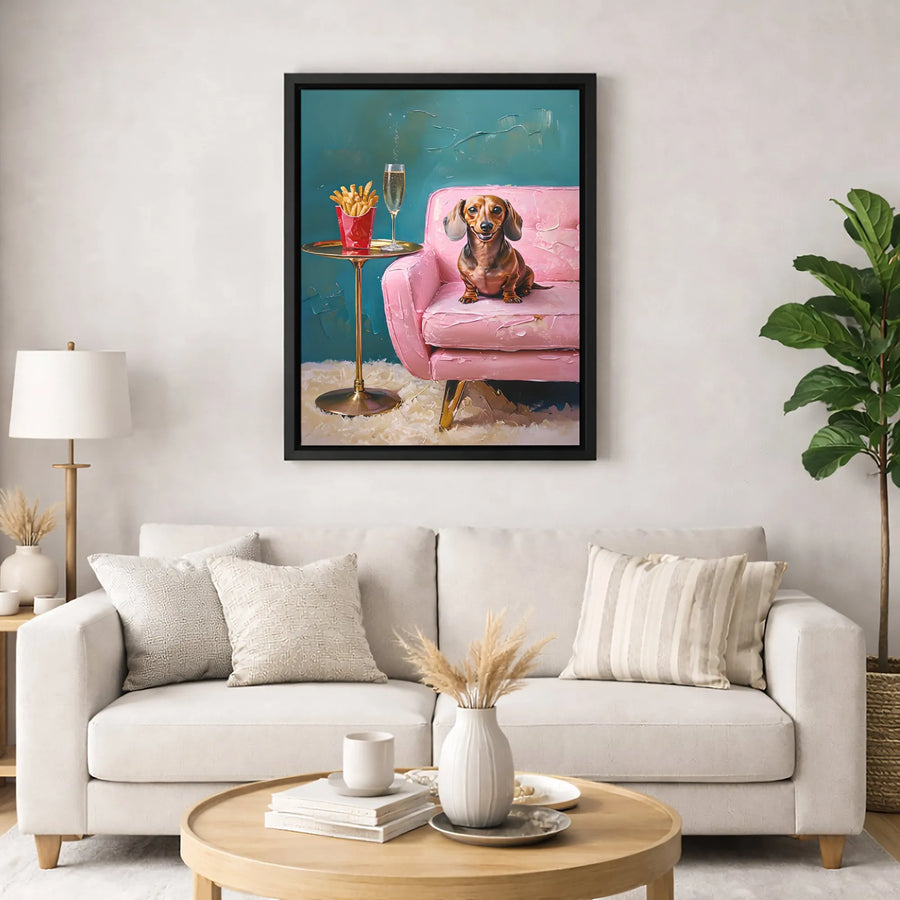 Dachshund Art Canvas Print | Whimsical Dog Drinking Champagne & Fries | Premium Gallery-Wrapped Wall Decor | Funny Pet Lover Gift
