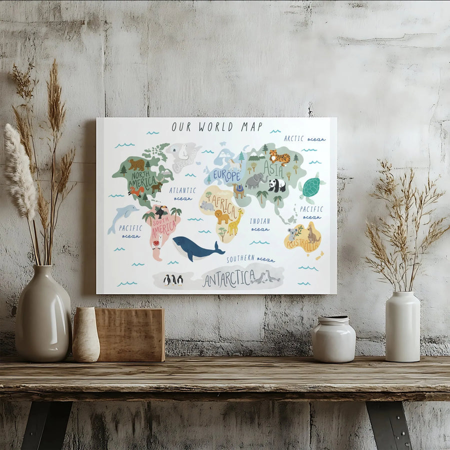Animal World Map Canvas Wall Art | Educational Illustrated Continents | Premium Gallery Wrapped Print | Nursery & Playroom Decor Gift for Kids