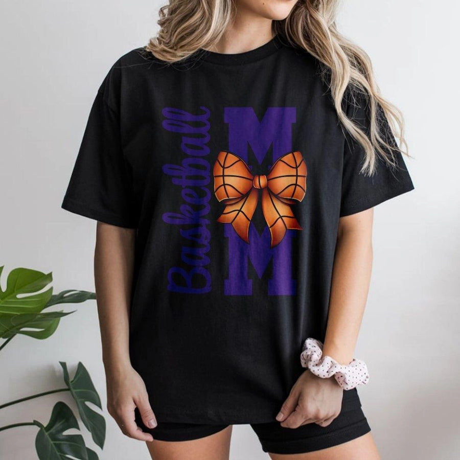 Basketball Mom T-Shirt | Bow Graphic Sport Design | Premium 100% Cotton | Proud Game Day Gift For Basketball Mothers