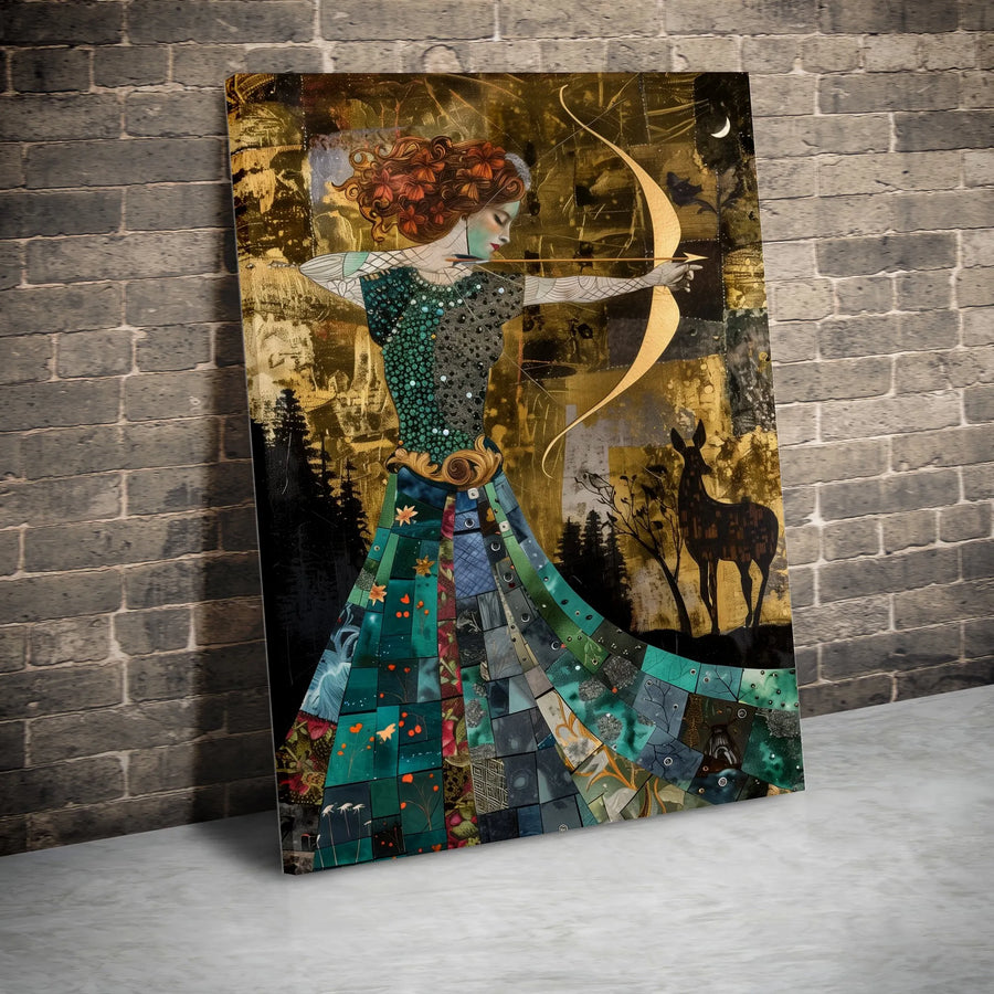 Mythical Archer Canvas Print | Gold & Teal Huntress Collage Art | Premium Gallery Wrapped Canvas | Boho Fantasy Wall Decor Gift