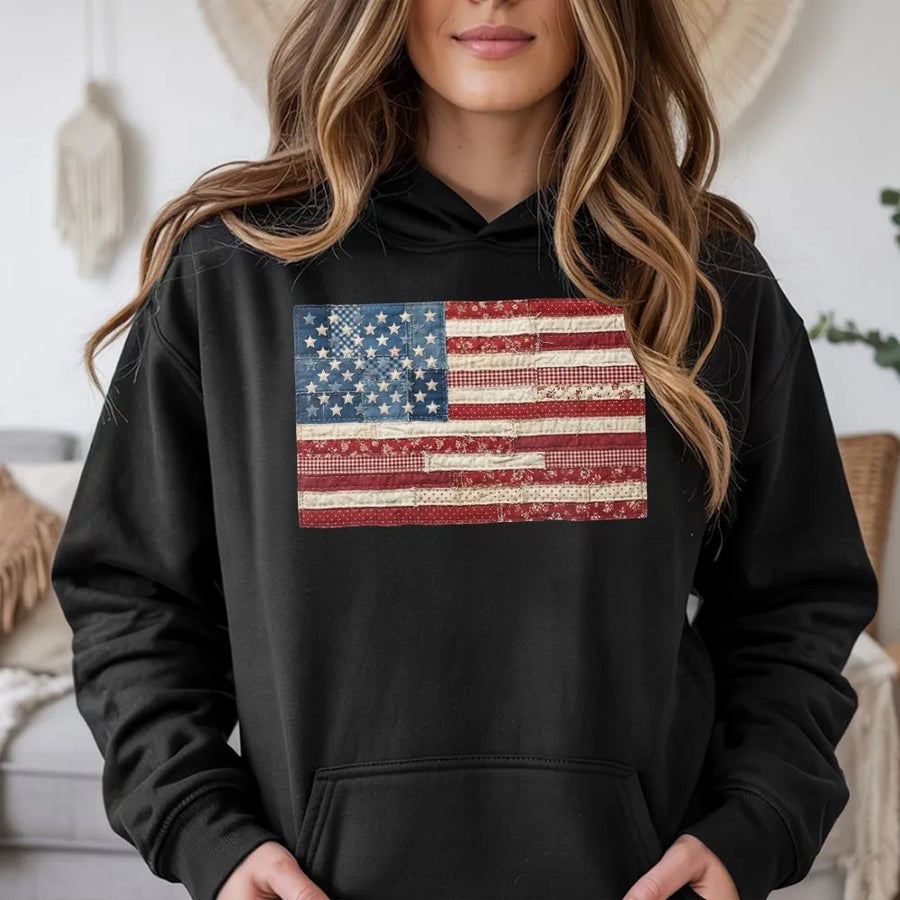 American Flag Hoodie | Vintage Patchwork Quilt Graphic Sweatshirt | Soft Cotton Blend | Patriotic 4th of July Gift