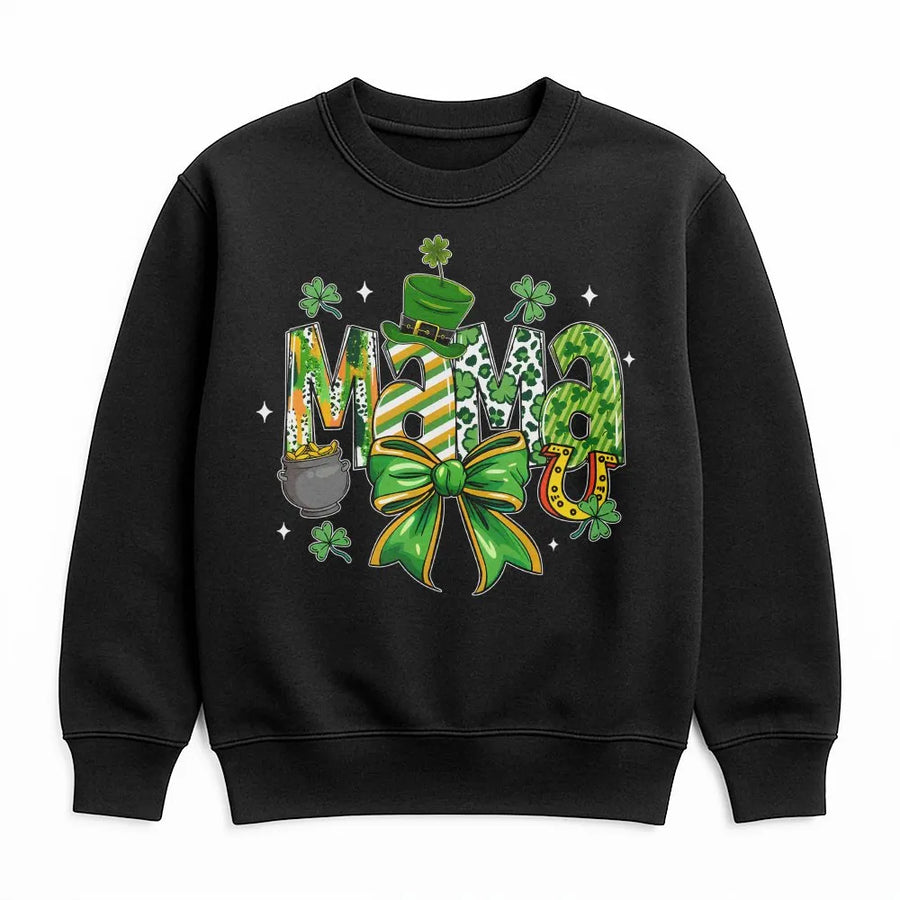 Lucky Mama St Patrick's Day Sweatshirt | Shamrock Clover Coquette Bow Graphic | Premium Cotton Blend | Gift for Irish Mom