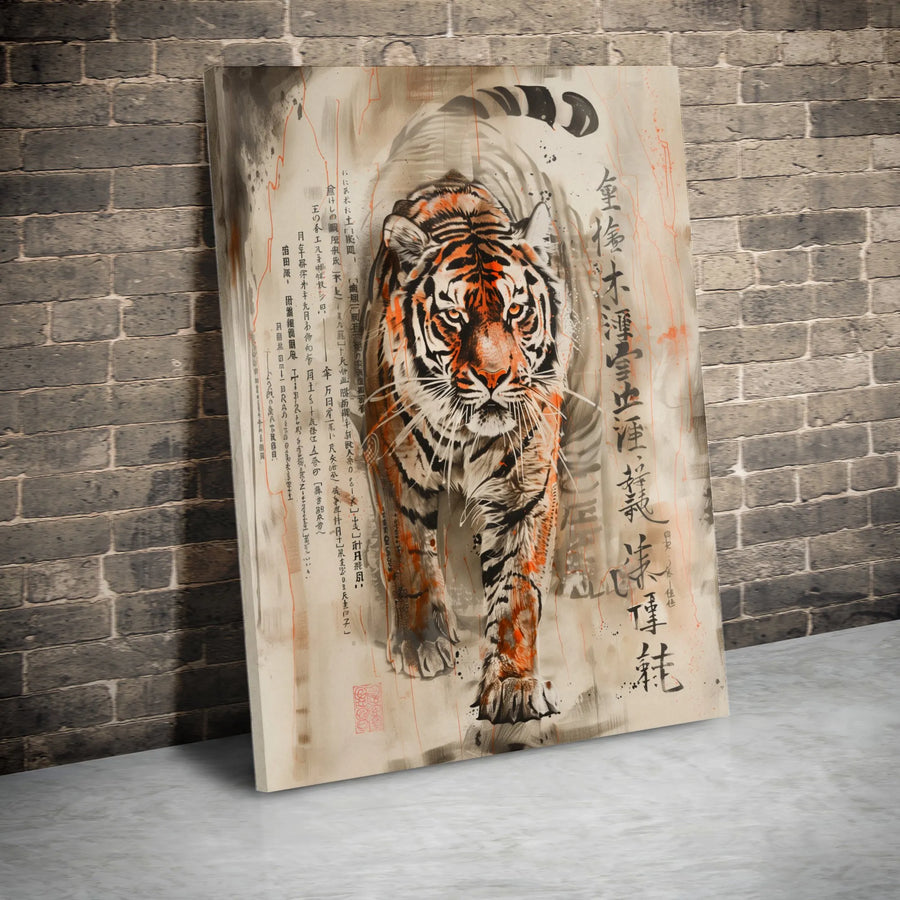 Japanese Tiger Canvas Wall Art | Ink Wash Calligraphy Painting | Premium Frameless Canvas | Gift for Living Room & Office Decor