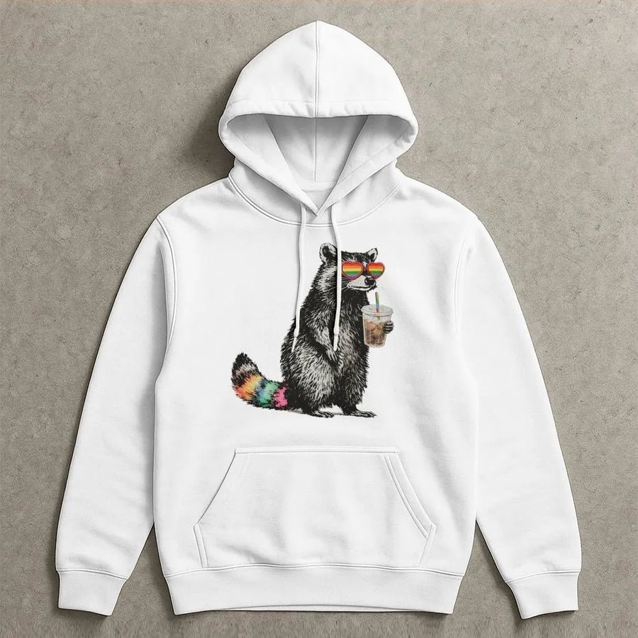 Funny Raccoon Pride Hoodie | Rainbow Glasses & Iced Coffee Graphic | Premium Cotton Blend | LGBTQ Pride Month Gift