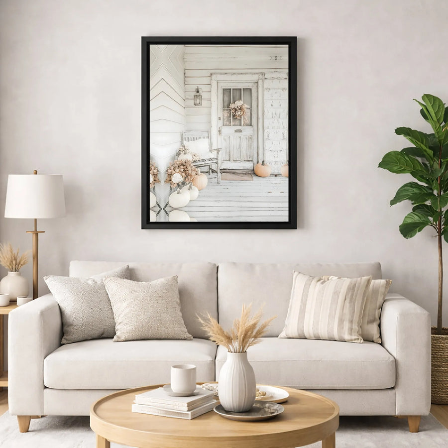 Rustic Farmhouse Canvas Print | Fall Front Porch White Pumpkins | 1.25" Premium Gallery Wrapped Wall Art | Seasonal Home Decor Gift