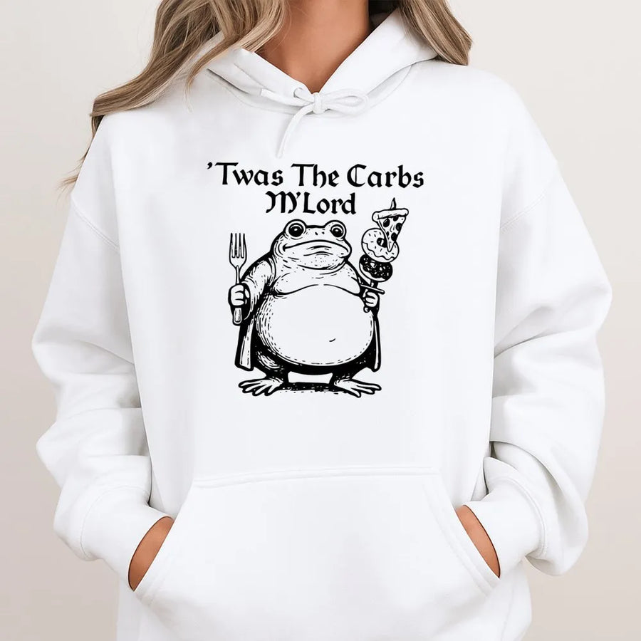 Funny Frog Hoodie | 'Twas The Carbs M'Lord Meme Graphic | Premium Cotton Blend | Gift For Foodie And Cottagecore Aesthetic Lovers