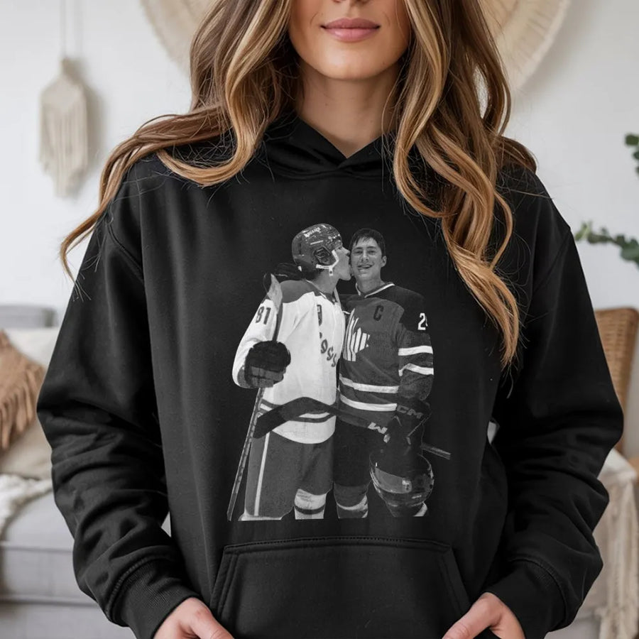 Hockey Player Kissing Hoodie | Graphic Sports Couple Illustration | Premium Cotton-Poly Blend | Fan Gift for Hockey Lovers and Athletes