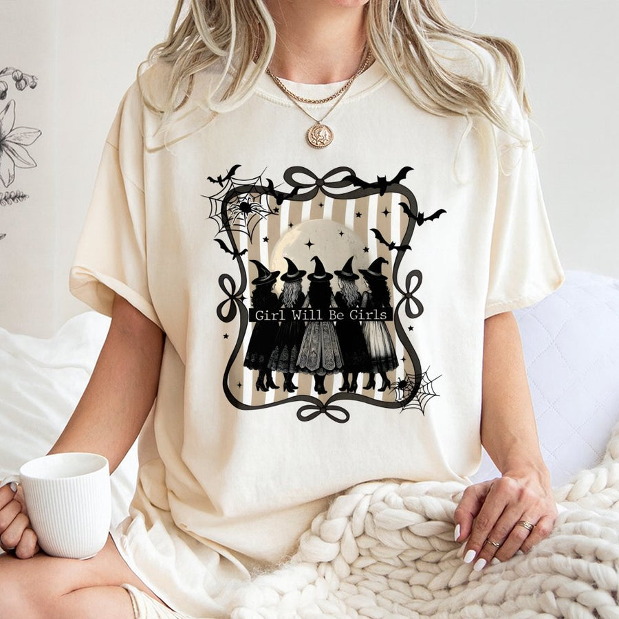 Witch Squad Halloween T-Shirt | Girls Will Be Girls Spooky Graphic Tee | 100% Cotton Premium Gift | Casual Autumn Witchy Outfit For Women