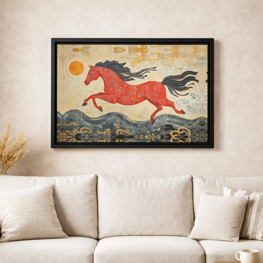 Red Horse Canvas Print | Folk Art Galloping Stallion Wall Decor | 1.25 Inch Gallery Wrap | Premium Fade Resistant Artwork for Home Office Gift