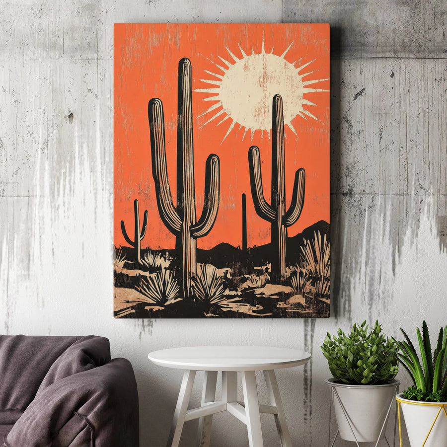 Saguaro Cactus Desert Canvas Wall Art | Mid Century Modern Sun Landscape | Premium Gallery Wrap Decor | Southwestern Home Office Gift