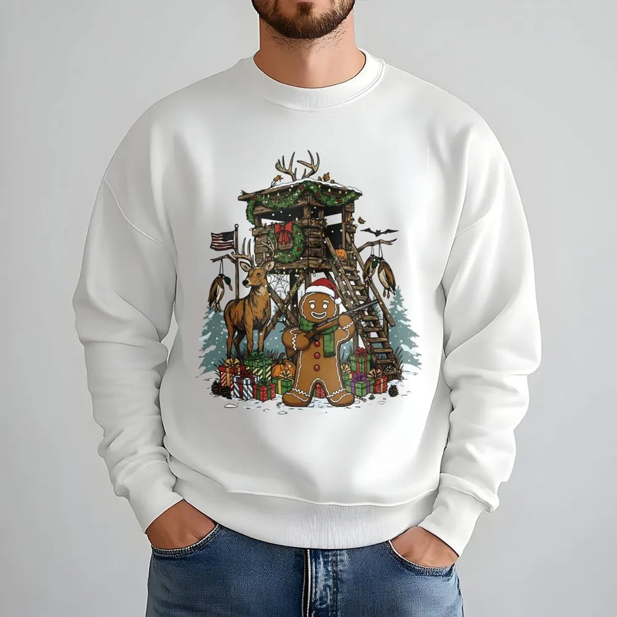 Gingerbread Man Hunting Sweatshirt | Funny Deer Hunter Christmas Cabin Scene | Premium Cotton Blend | Unisex Holiday Gift for Outdoor Enthusiast