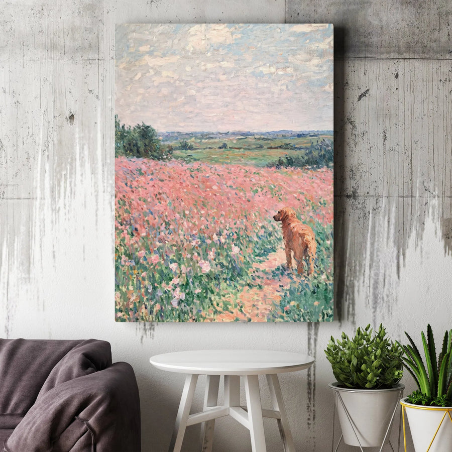 Golden Retriever Canvas Wall Art | Impressionist Pink Flower Field Painting | Premium Gallery Wrapped | Dog Lover Home Decor Gift