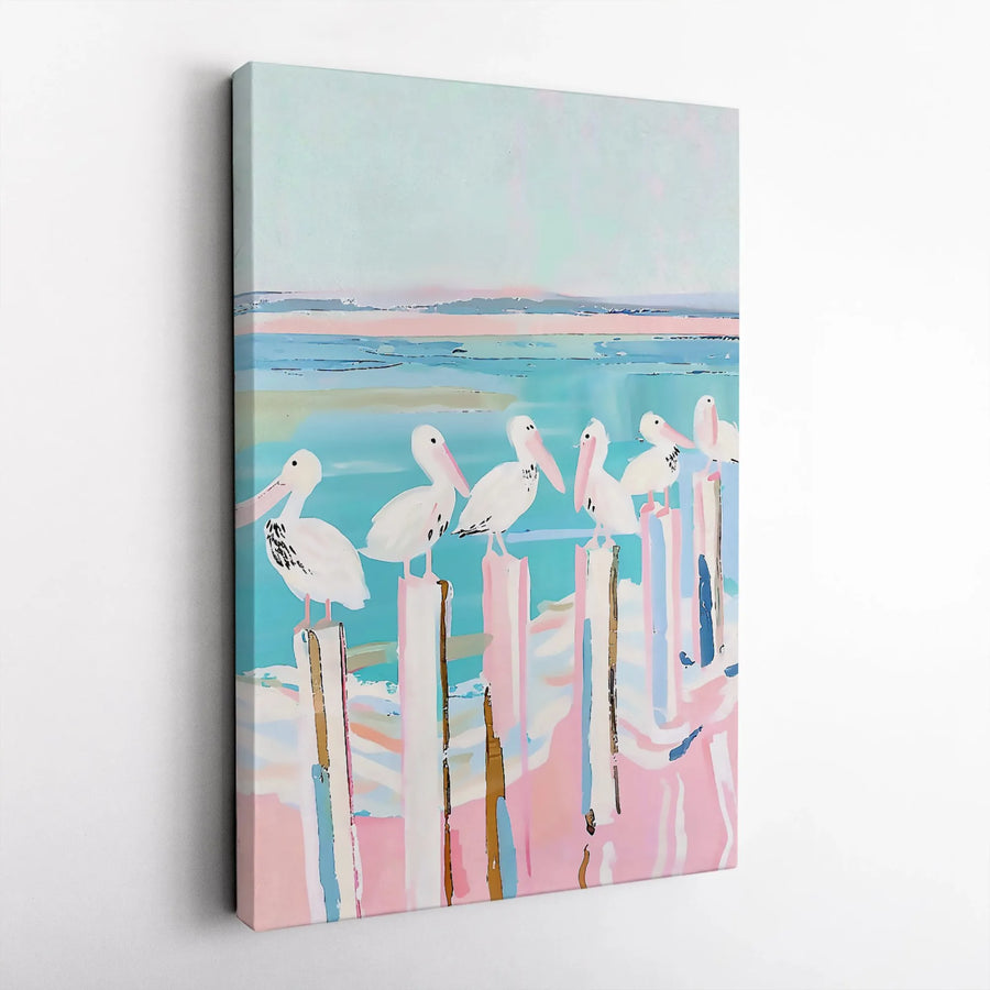 Coastal Pelican Wall Art | Abstract Pastel Seascape Painting | Premium Gallery-Wrapped Canvas Print | Beach House Home Decor Gift
