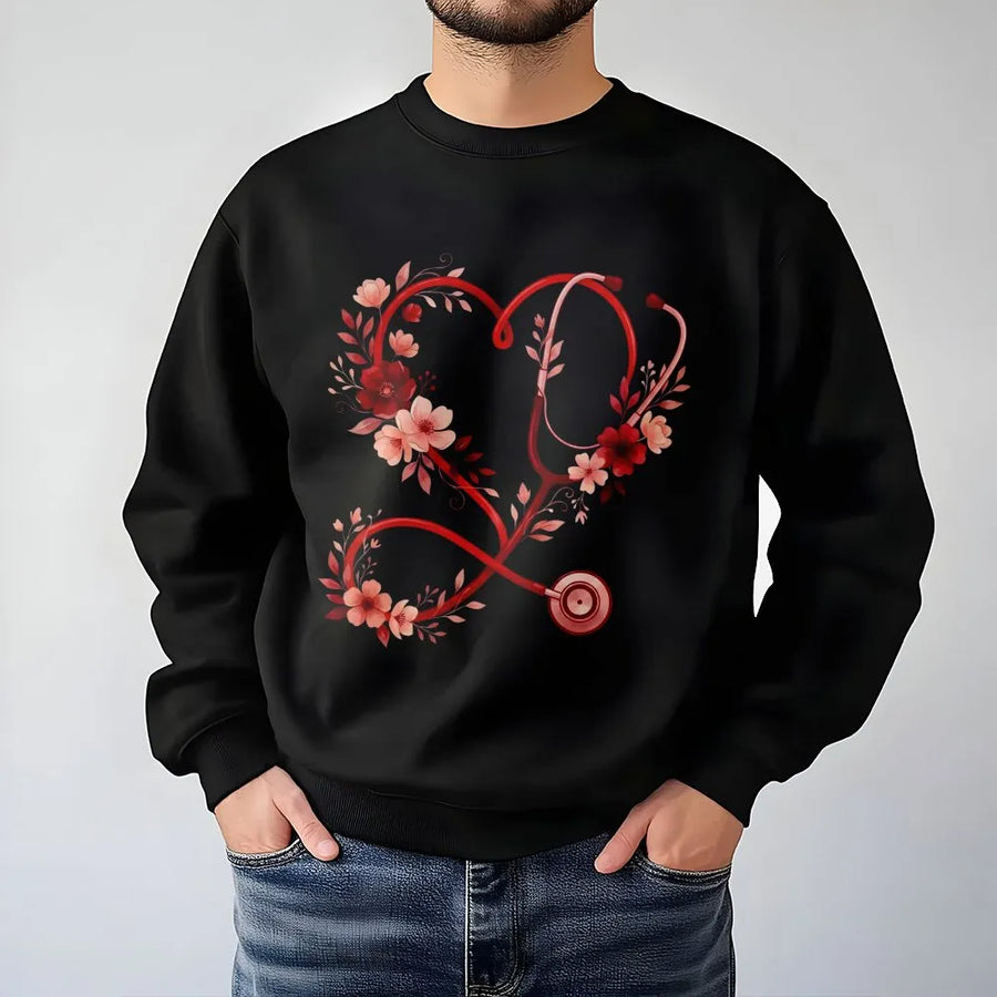 Floral Stethoscope Sweatshirt | Heart Shape Medical Design | Premium Cotton Blend | Valentine Gift for Nurse, Nursing Student, Doctor