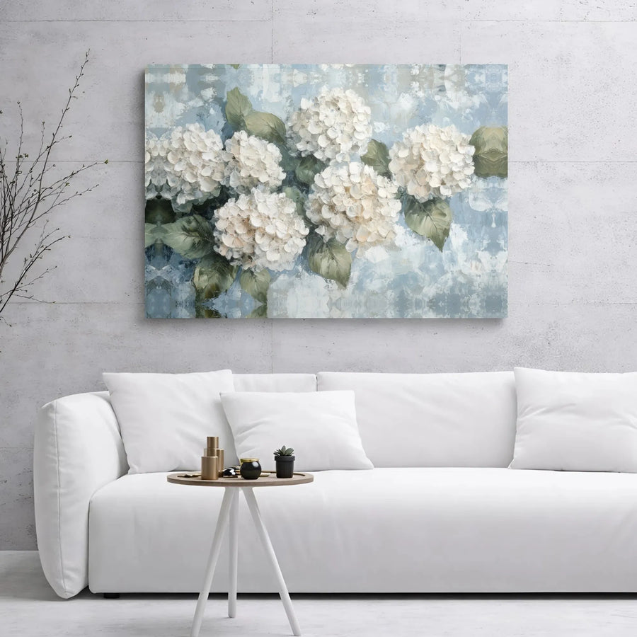White Hydrangea Floral Canvas Wall Art | Textured Abstract Blue Botanical Print | 1.25 Inch Gallery Wrap | Elegant Home Decor Gift for Living Room