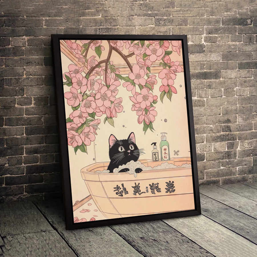 Black Cat Wall Art | Japanese Ukiyo-e Style Cherry Blossom Bathtub Print | Gallery Wrapped Canvas | Unique Home Decor Gift for Cat Lovers