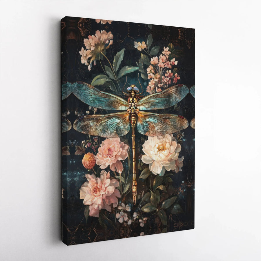 Dragonfly Canvas Wall Art | Moody Dark Floral Peonies Painting | Gallery Wrapped Premium Print | Boho Home Decor Gift for Her