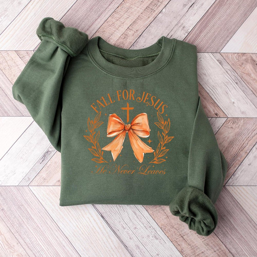 Fall For Jesus Sweatshirt | Christian Autumn Coquette Bow Graphic | Premium Cotton Blend | Faith-Based Gift For Her