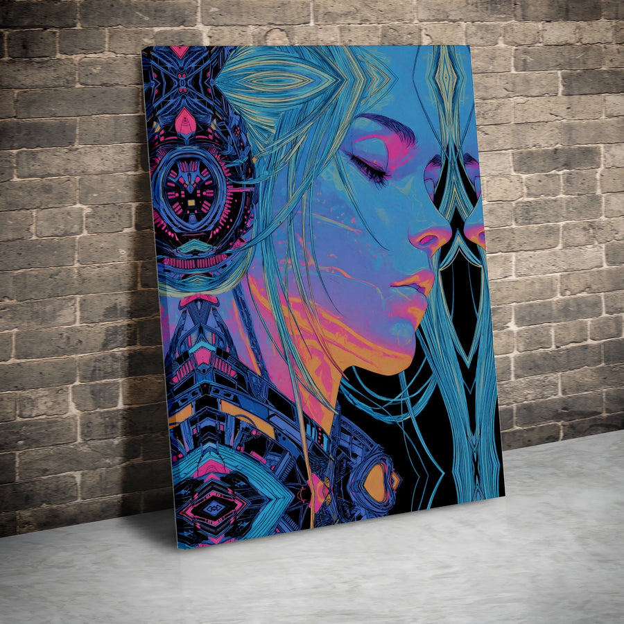 Futuristic Neon Woman Canvas Print | Abstract Cyberpunk Wall Art | Premium Gallery Wrap Decor | Modern Digital Art Gift for Home or Office