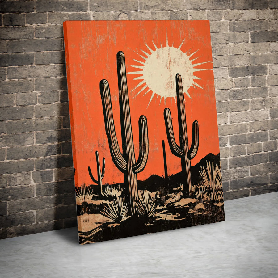 Desert Saguaro Canvas Wall Art | Mid-Century Modern Woodcut Style Print | 1.25” Gallery Wrap Frame | Southwestern Boho Home Office Decor
