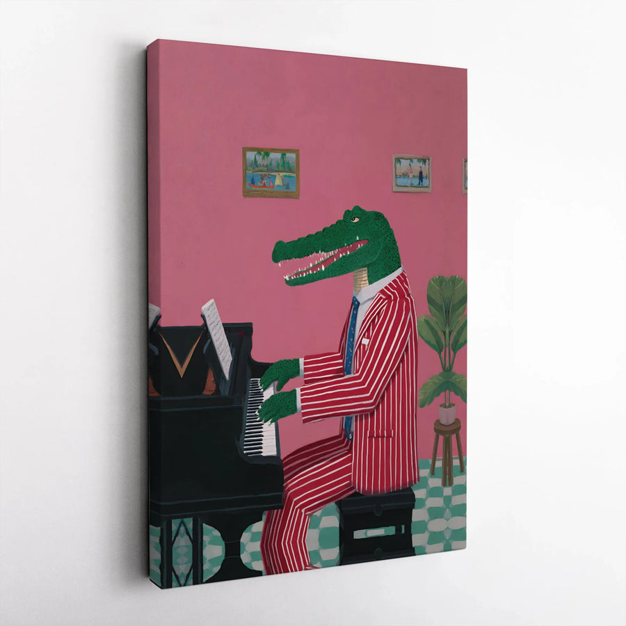 Alligator Playing Piano Canvas Art | Whimsical Animal Musician Print | Premium Gallery Wrapped Canvas | Quirky Home Decor Gift for Music Lovers