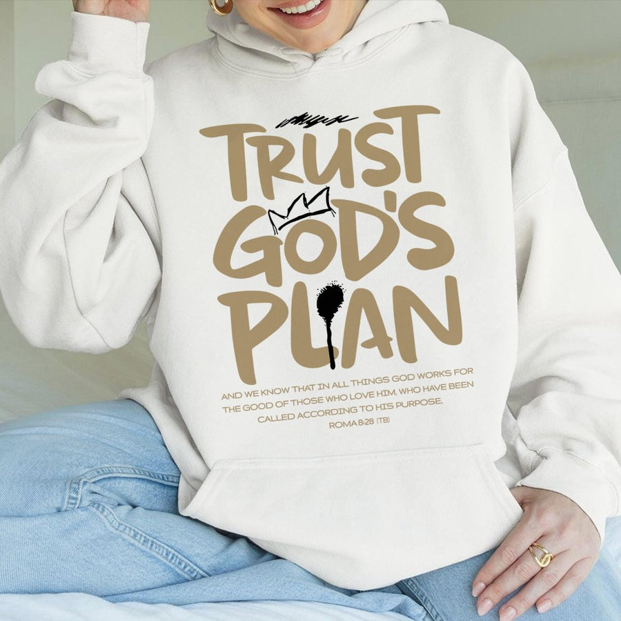 Trust God's Plan Hoodie | Christian Romans 8:28 Bible Verse Graphic | Premium Cotton Blend | Faith-Based Inspirational Gift for Men & Women