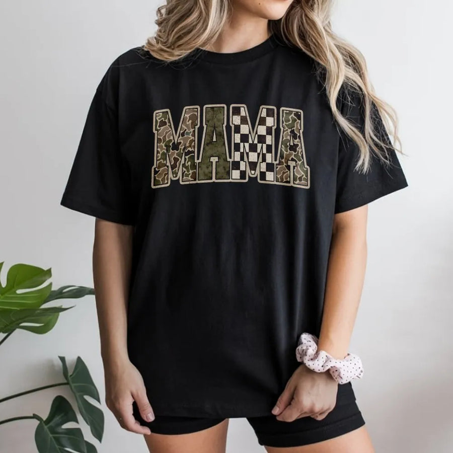 Mama Graphic Tee | Camo & Checkered Block Letter Design | Premium Soft Cotton Shirt | Trendy Gift for New Mom, Boy Mom