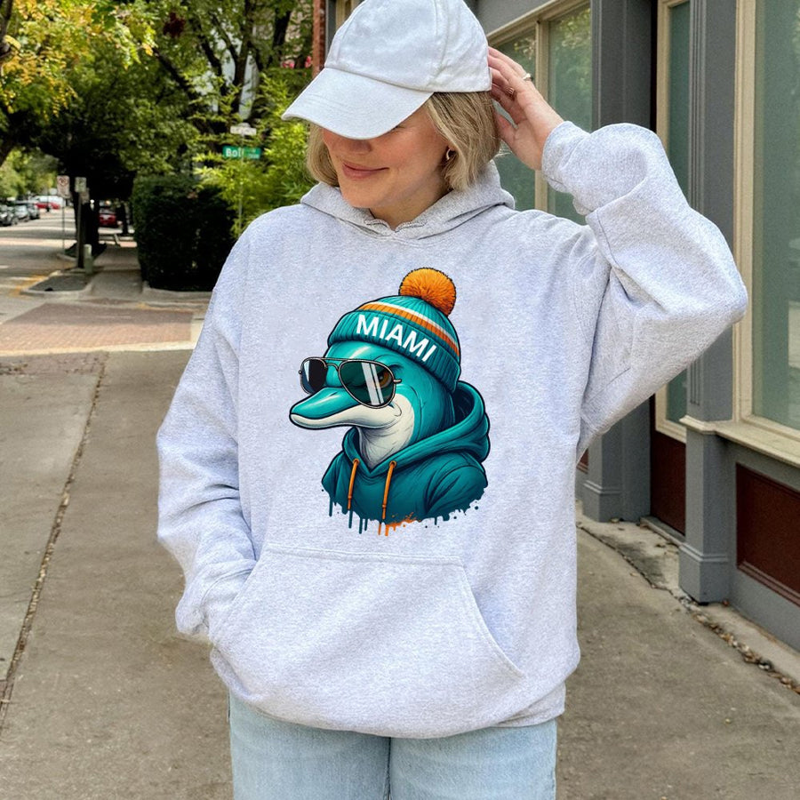 Miami Dolphin Wearing Sunglasses, Beanie, And Hoodie