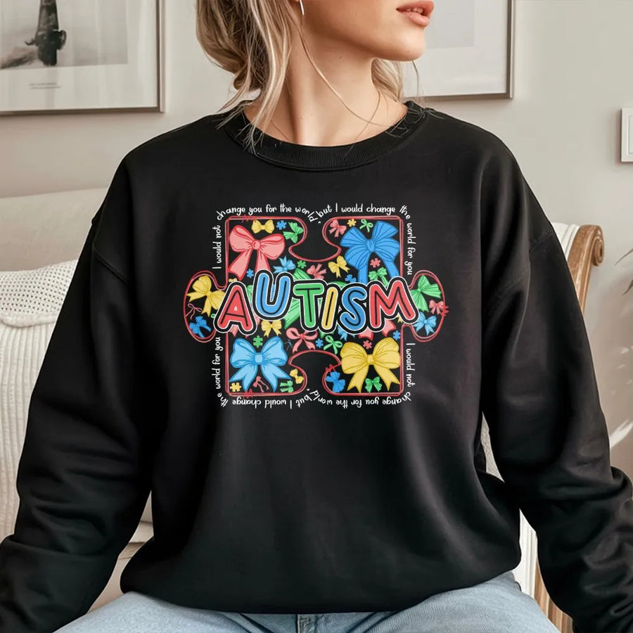 Sweat-shirt de sensibilisation à l'autisme | Motif pièce de puzzle avec nœud coquette | Mélange de coton premium | Cadeau inspirant sur la neurodiversité pour maman