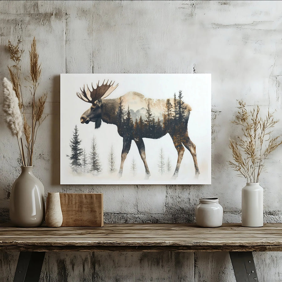 Moose Double Exposure Canvas Art | Mountain Forest Silhouette Wall Decor | Premium Gallery Wrap Print | Nature Lover Gift for Cabin Home