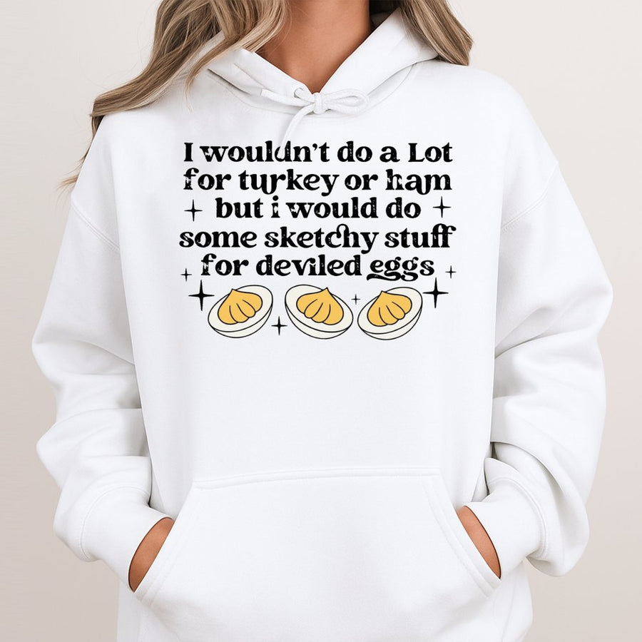 Deviled Eggs Hoodie | Funny Thanksgiving Foodie Joke | Premium Cotton Blend Unisex Sweatshirt | Perfect Holiday Gift for Food Lovers
