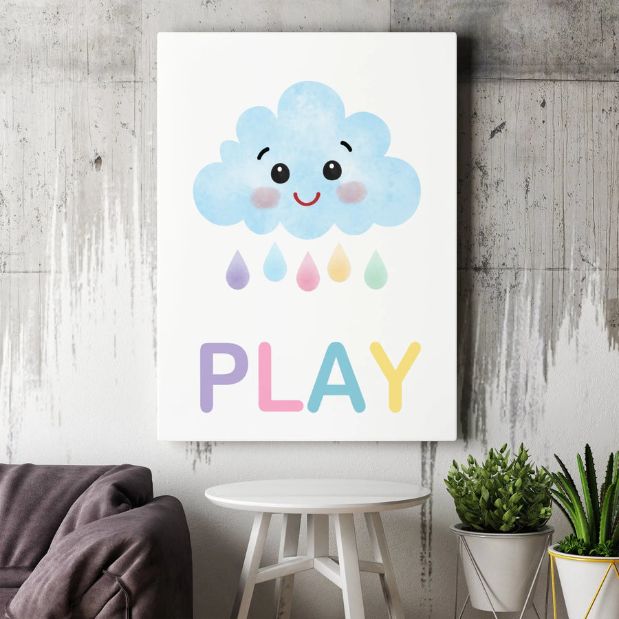 Cute Cloud Wall Art | Smiling Raindrop Nursery Decor | Premium Gallery Wrap Canvas | Playroom Wall Decor for Kids Bedroom