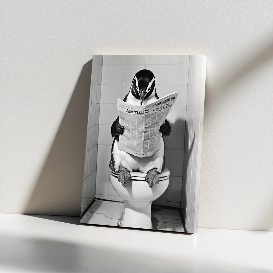 Funny Penguin on Toilet Canvas Print | Black and White Bathroom Wall Art | Premium Gallery Wrap Decor | Quirky Animal Portrait for Home and Office