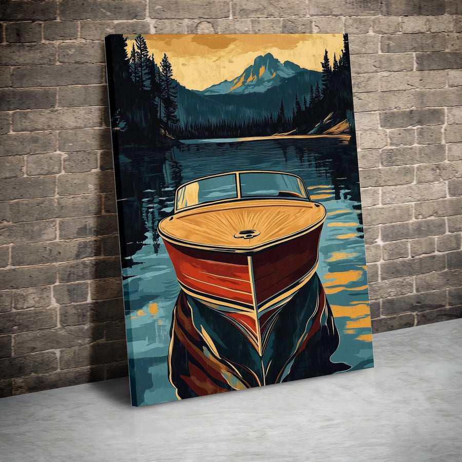 Vintage Wooden Motorboat Canvas Art | Mountain Lake Landscape Print | 1.25 Inch Premium Gallery Wrap | Nautical Home Decor Gift
