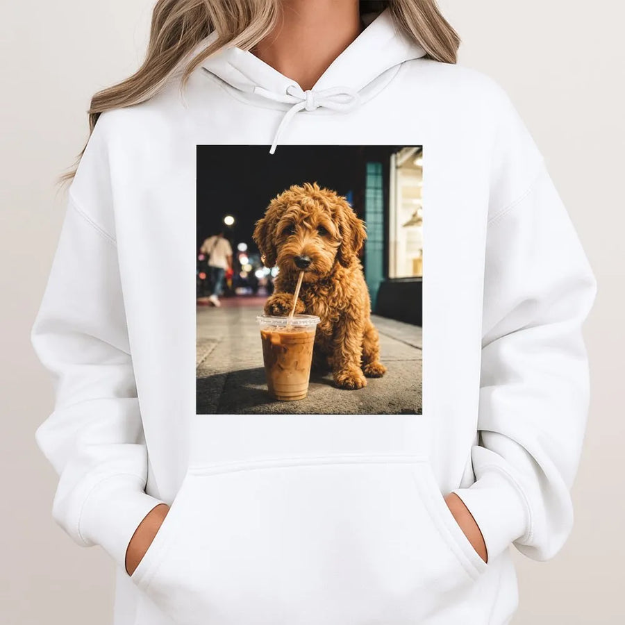 Puppy Drinking Coffee Hoodie | Funny Doodle Dog Photo Print | Soft Cotton Blend Crewneck | Aesthetic Gift for Dog Mom