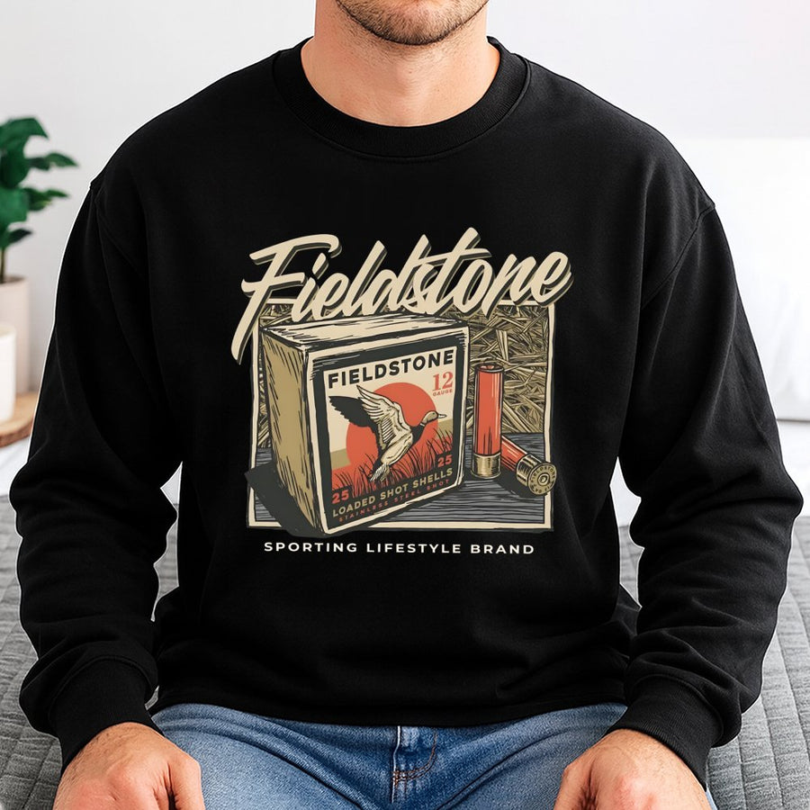 Fieldstone Hunting Sweatshirt | Vintage Ammo Box Graphic | Premium Cotton Blend | Gift for Outdoorsmen and Duck Hunters