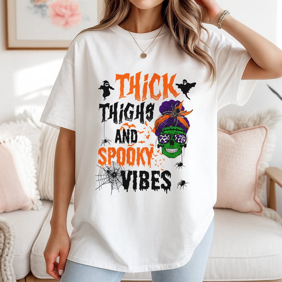 Thick Thighs And Spooky Vibes T-Shirt | Funny Halloween Skull Graphic Tee | 100% Cotton Premium Quality | Cute Witchy Gift For Women
