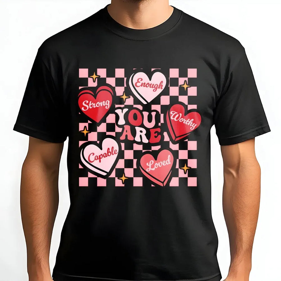 You Are Enough T-Shirt | Retro Checkerboard Heart Graphic | Premium Soft Cotton | Inspirational Self-Love Positive Mental Health Gift