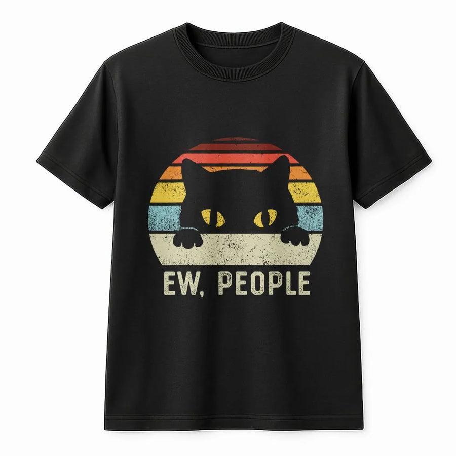 Ew People Cat Shirt | Vintage Retro Sunset Black Cat Design | Soft Breathable Cotton | Funny Gift for Introverts and Cat Lovers