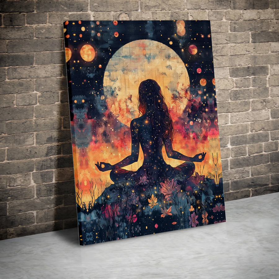 Meditating Woman Wall Art | Celestial Yoga Lotus Pose Decor | Premium Gallery Wrap Canvas | Spiritual Home Decor Gift for Her