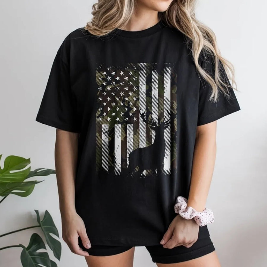 American Flag Deer Hunting T-Shirt | Camo Buck Silhouette Graphic | 100% Premium Cotton | Wildlife Outdoorsman Gift for Hunters