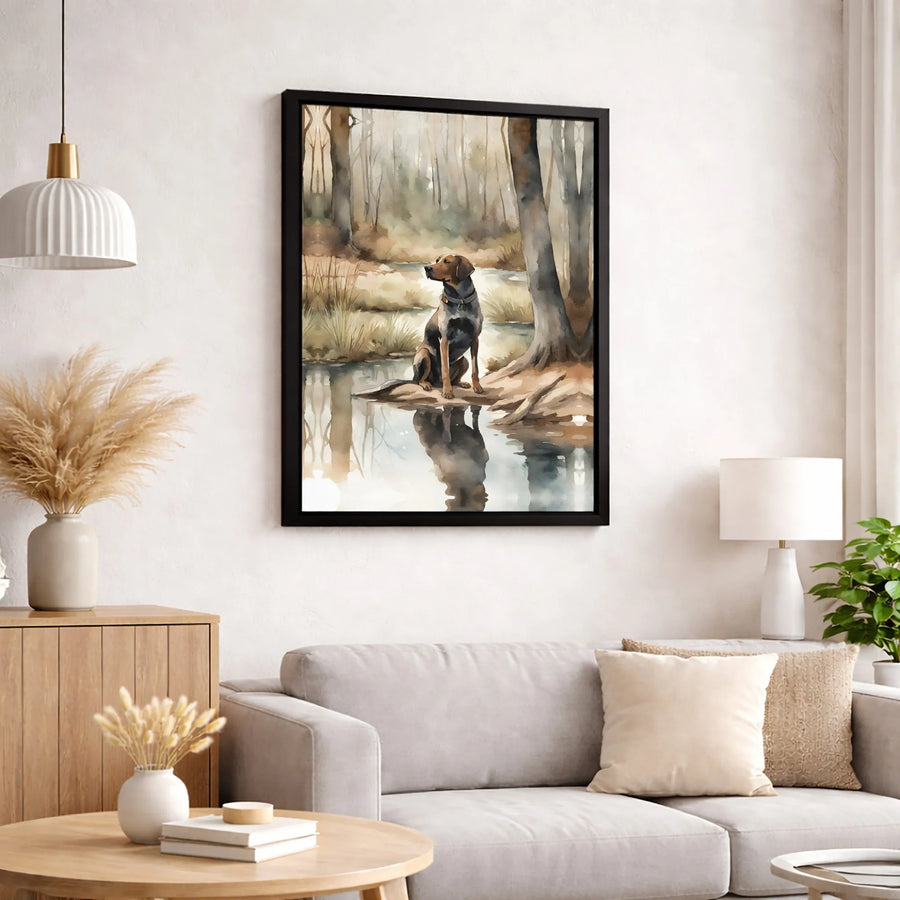 Hound Dog Canvas Print | Watercolor Forest Stream Nature Art | Premium 1.25 Inch Gallery Wrap | Gift for Dog Lover and Outdoor Enthusiast