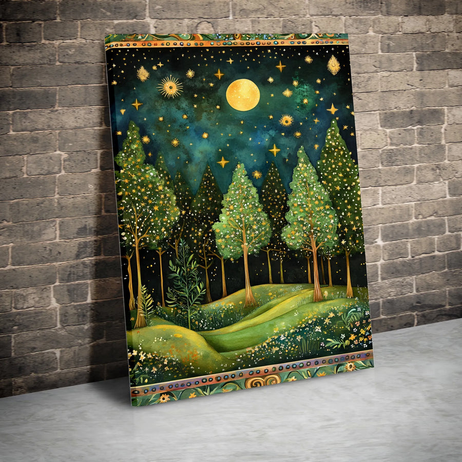 Whimsical Forest Canvas Print | Starry Night Moon Wall Art | Premium 1.25-inch Thick Gallery Wrap | Enchanted Nature Decor for Home and Office