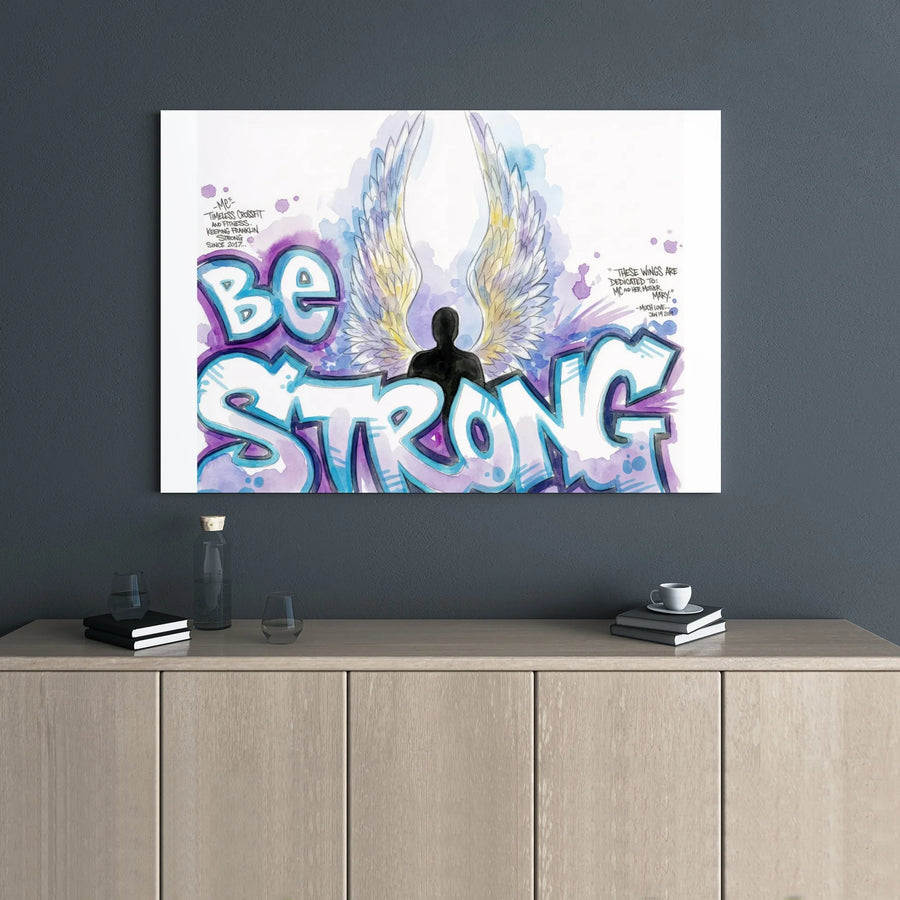 Be Strong Graffiti Canvas Art | Angel Wings Inspirational Wall Decor | Premium Gallery Wrap Print | Motivational Gift for Gym and Office
