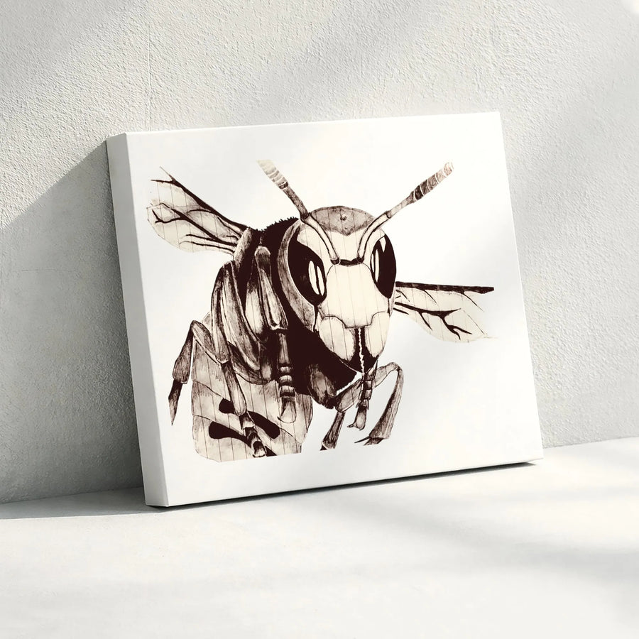 Mechanical Wasp Wall Art | Monochrome Insect Sketch Print | Premium Gallery Wrapped Canvas | Industrial Home Decor Gift for Entomologists