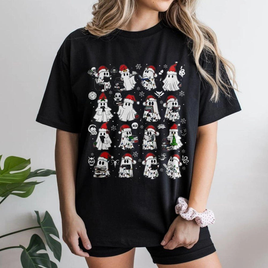 Christmas Ghost Reading Book T-Shirt | Spooky Dark Romance Reader Graphic Tee | 100% Cotton Premium Quality | Gift for Book Lovers & Bibliophiles