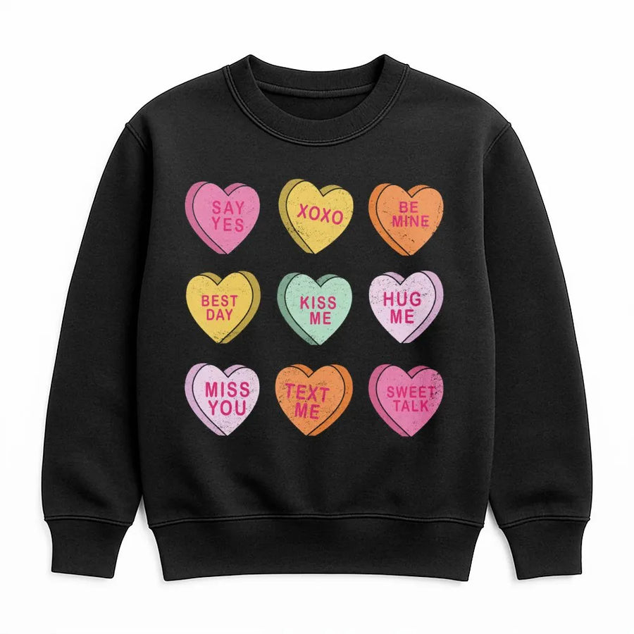 Conversation Hearts Valentine Sweatshirt | Retro Pastel Candy Heart Graphic | Soft Cotton Blend Unisex Pullover | Cute Aesthetic Valentine Gift For Her